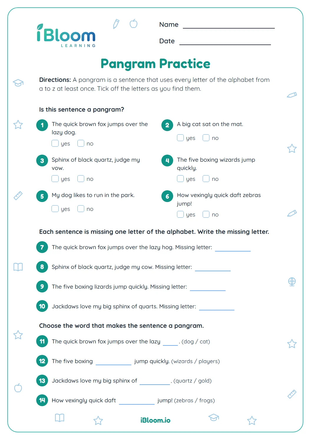 Pangram practice worksheet with fourteen questions on spotting pangrams and finding missing letters.