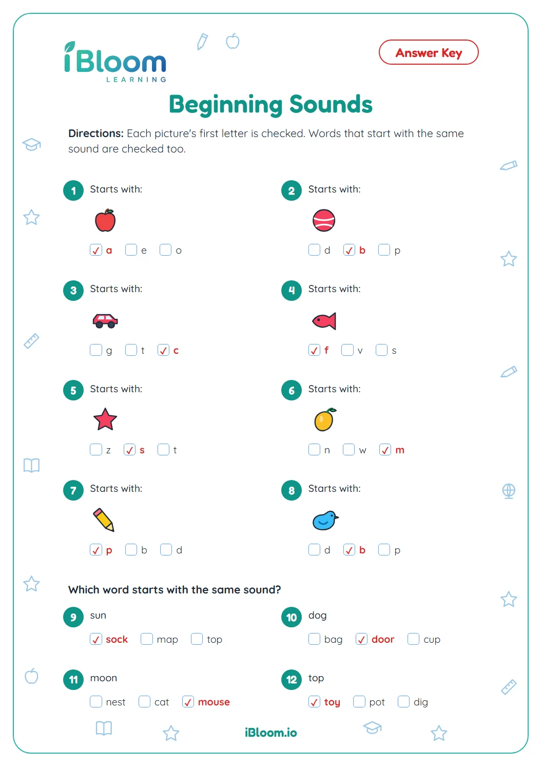 Answer key for the kindergarten beginning sounds phonics worksheet with every answer checked.