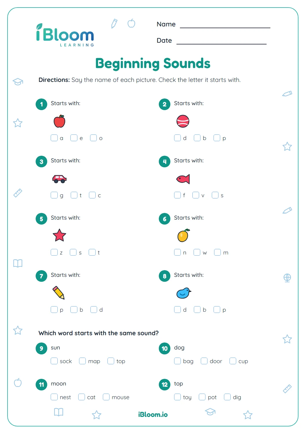 Kindergarten phonics worksheet with eight pictures to match to their first letter and four same-sound word questions.