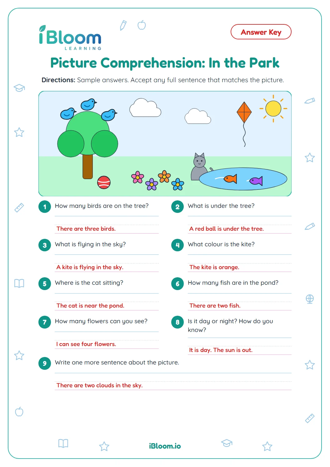 Answer key for the Class 1 picture comprehension worksheet with sample full-sentence answers.