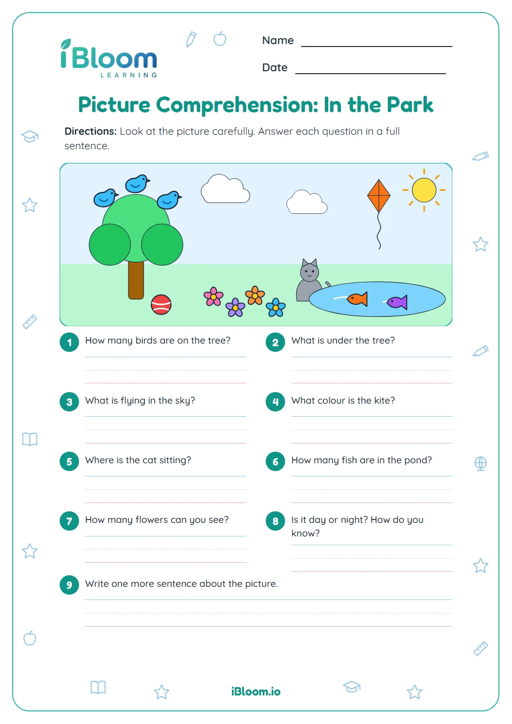 Class 1 picture comprehension worksheet with a park scene and nine questions about birds, a kite, a cat, fish and flowers.