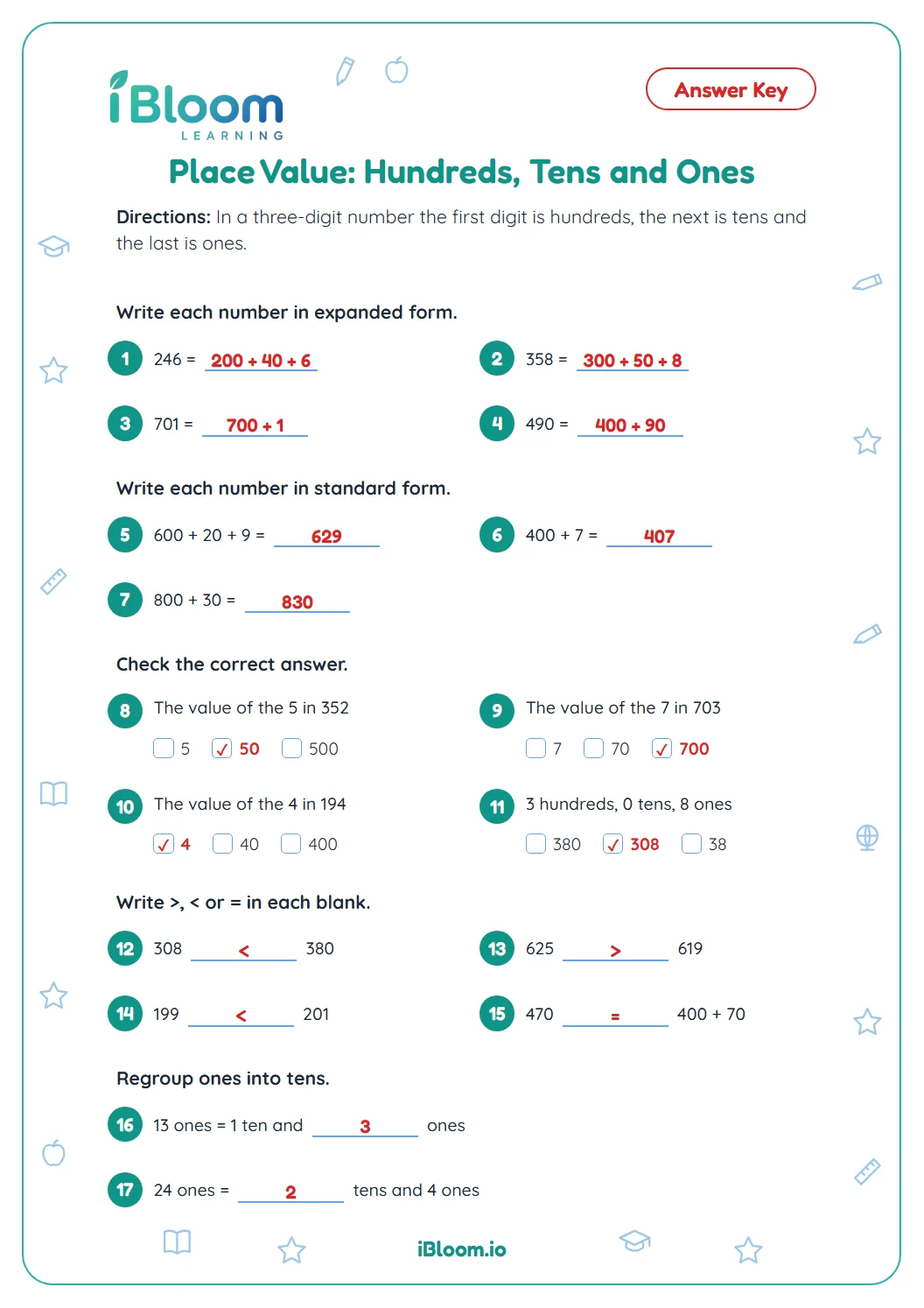 Answer key for the Grade 2 place value worksheet with every answer filled in.