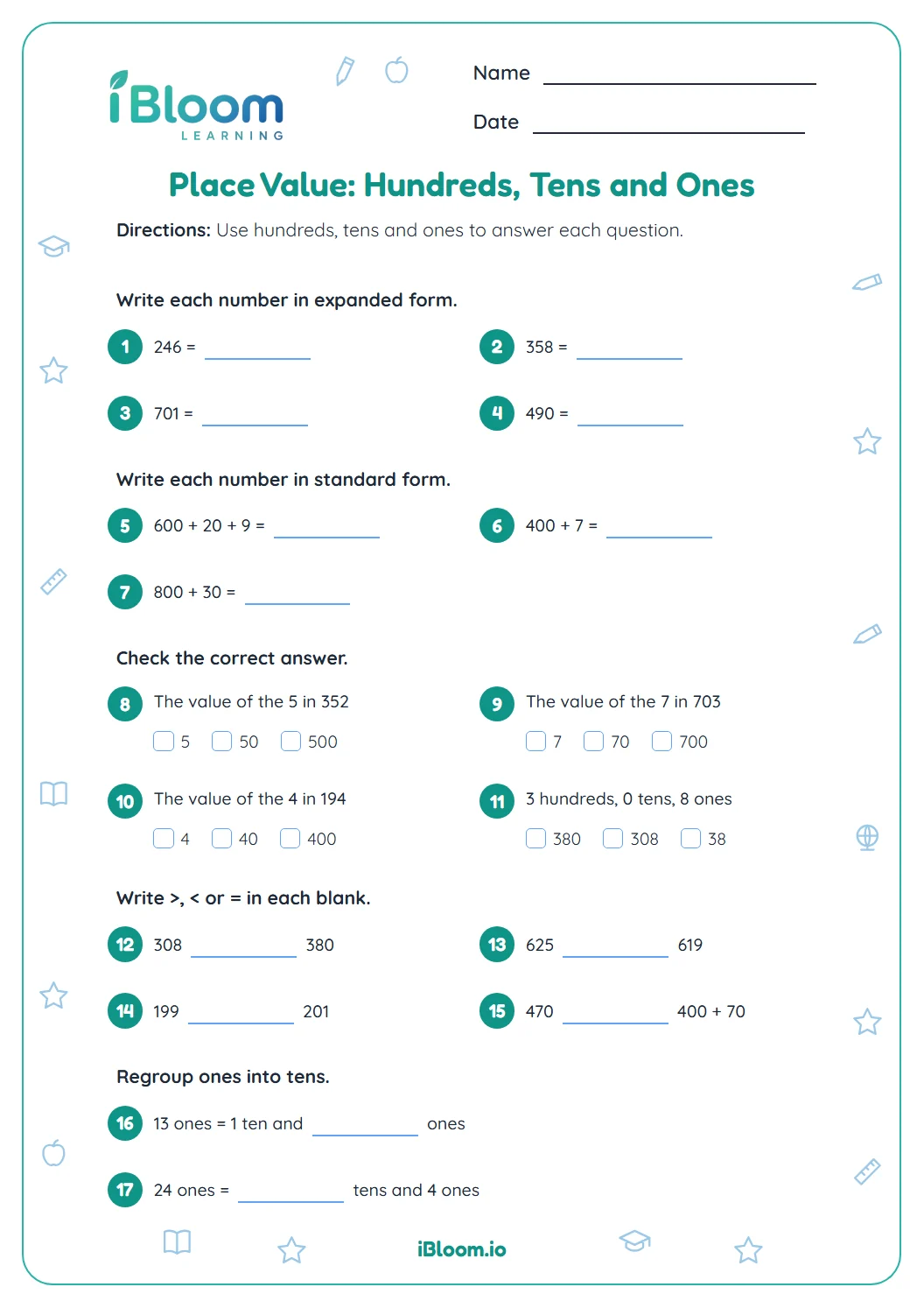 Grade 2 place value worksheet with seventeen questions on hundreds, tens and ones, expanded form and comparing numbers.