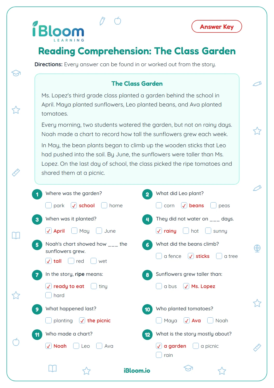 Answer key for the Grade 3 reading comprehension worksheet with every answer checked.