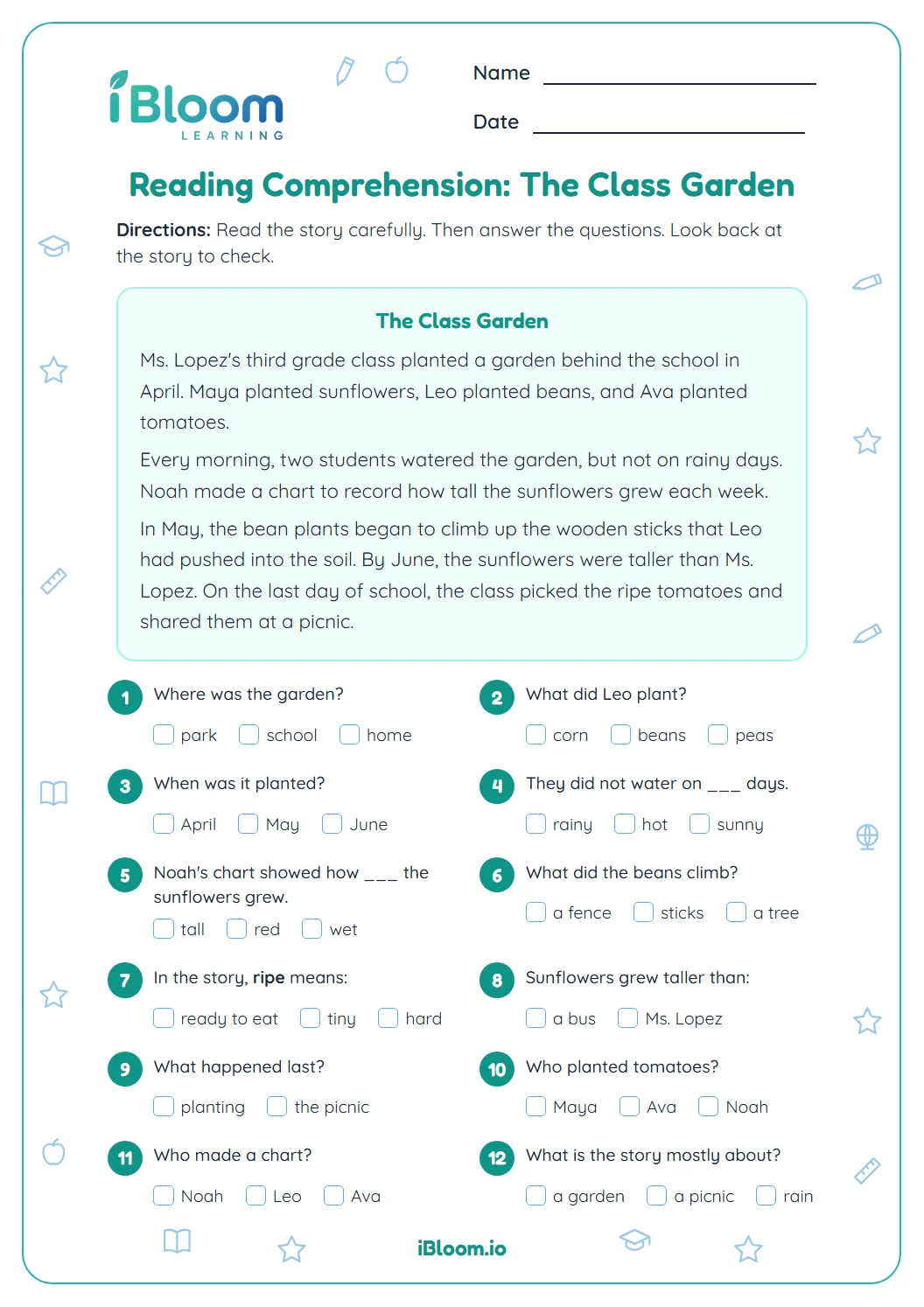 Grade 3 reading comprehension worksheet with a short story about a class garden and twelve questions.