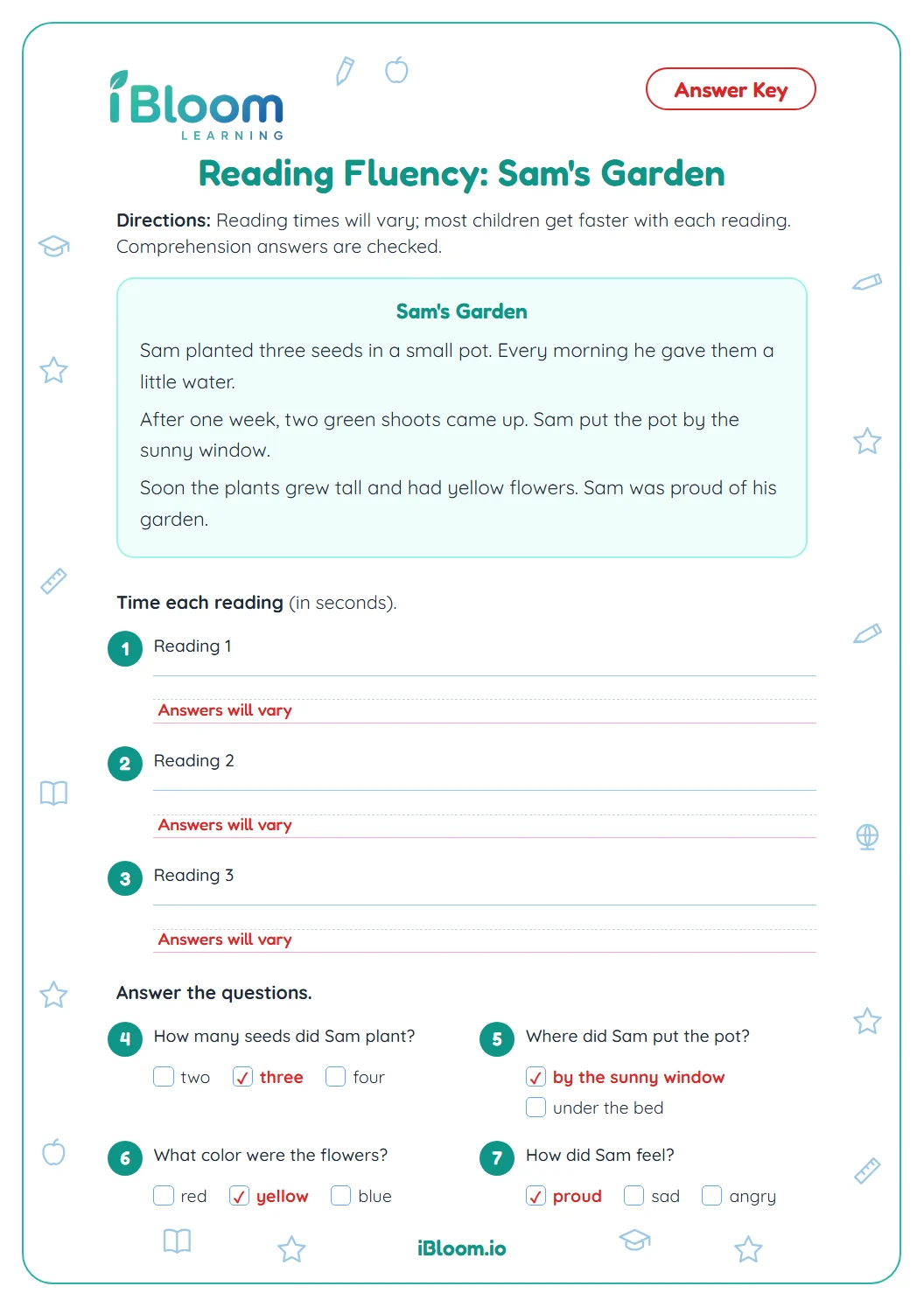 Answer key for the 2nd grade reading fluency worksheet with comprehension answers checked.