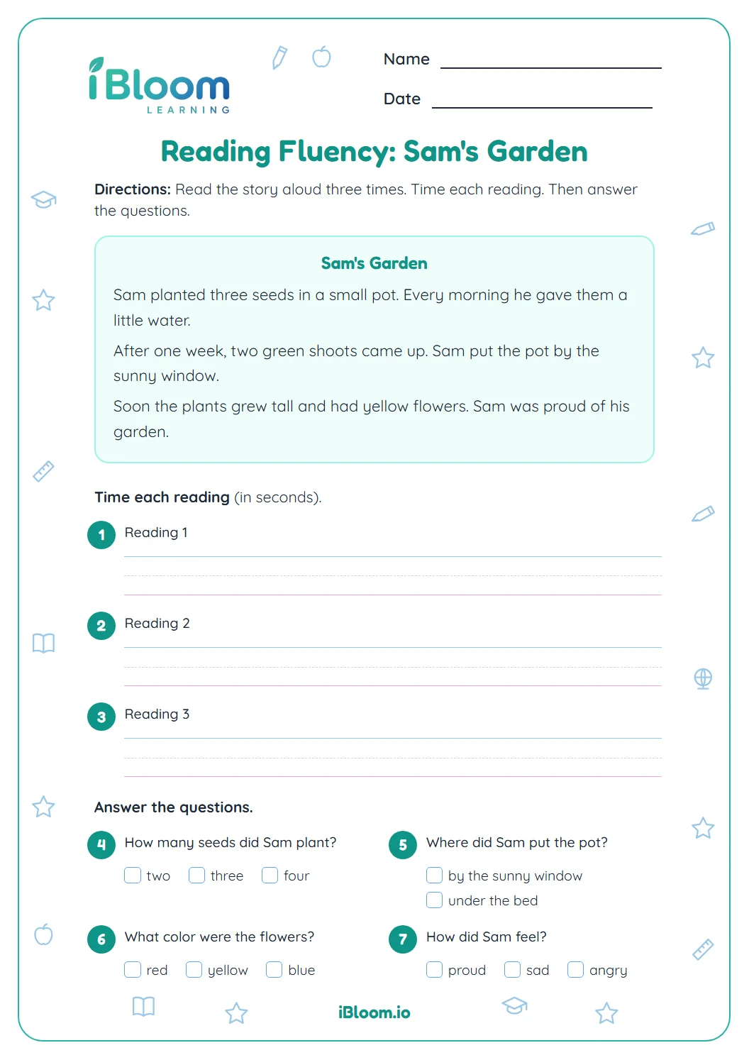 2nd grade reading fluency worksheet with a short story about Sam's garden, timing lines and four comprehension questions.