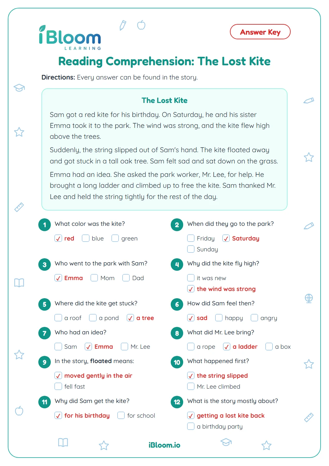 Answer key for the second grade reading comprehension worksheet with every answer checked.