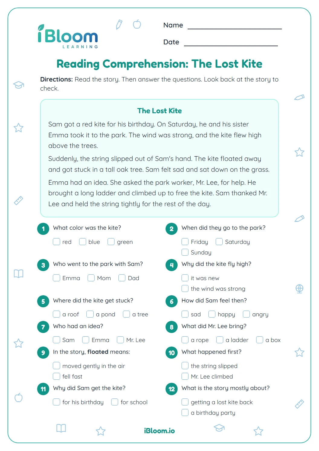 Second grade reading comprehension worksheet with a short story about a lost kite and twelve questions.