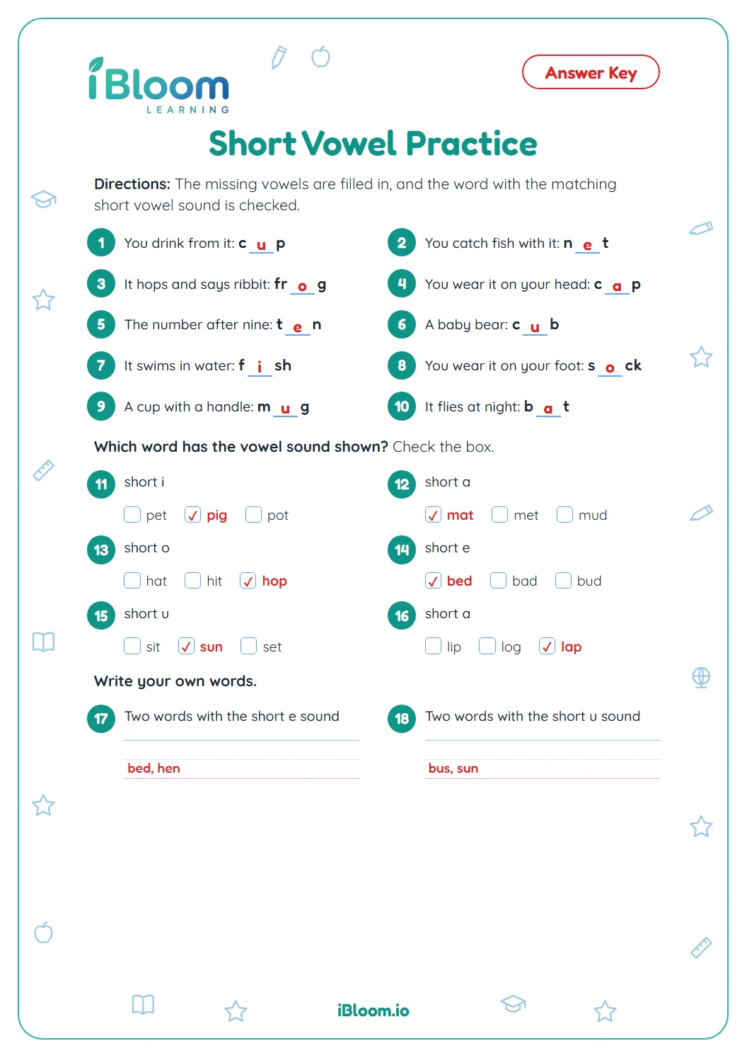 Answer key for the Grade 1 short vowel worksheet with every vowel filled in and every correct word checked.