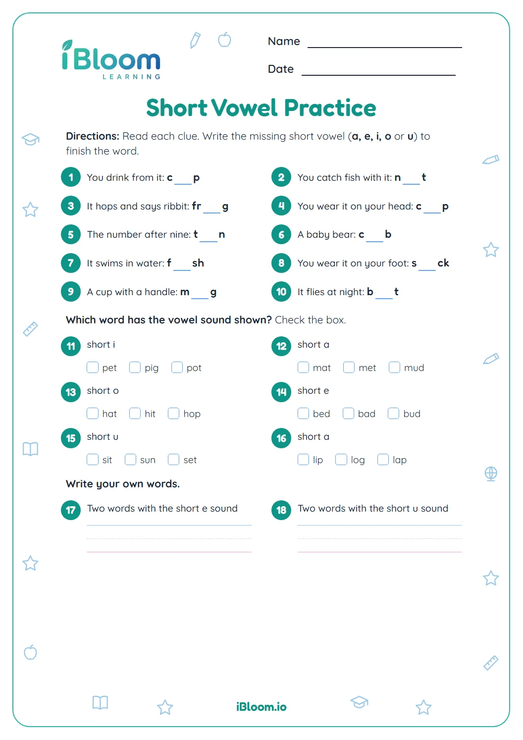 Grade 1 short vowel worksheet with ten missing-vowel clue words and six questions matching words to short vowel sounds.
