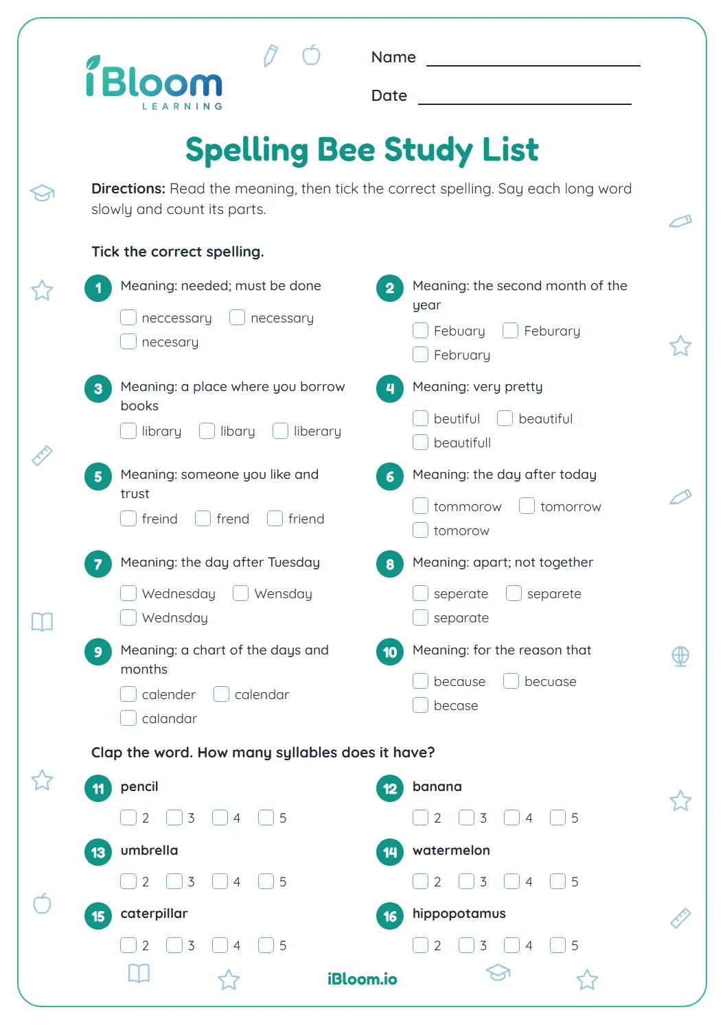 Spelling bee study list worksheet with sixteen questions on choosing correct spellings and counting syllables.