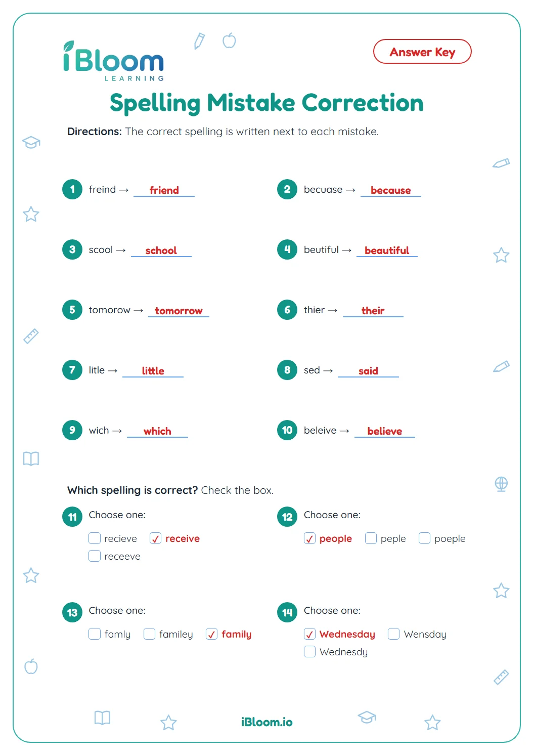 Answer key for the spelling mistake correction worksheet with every correct spelling shown.
