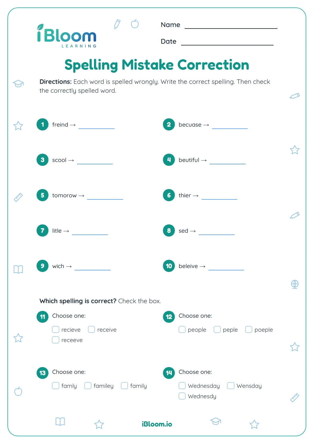 Spelling mistake correction worksheet with ten misspelled words and four choose-the-correct-spelling questions.