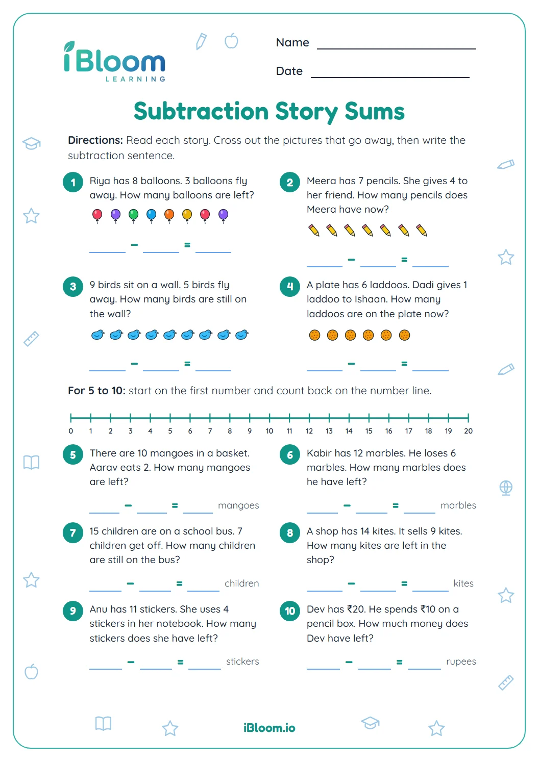 Subtraction story sums worksheet for Class 1 with ten word problems, pictures to cross out and a 0 to 20 number line.