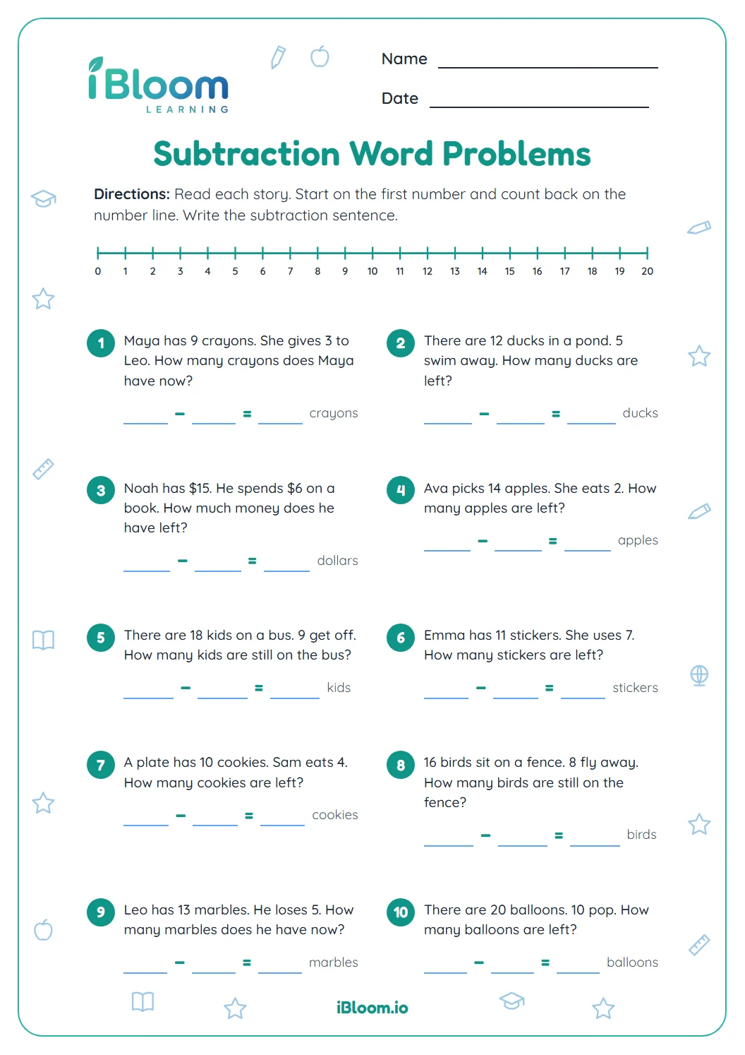 Grade 1 subtraction word problems worksheet with ten problems within 20 and a number line.