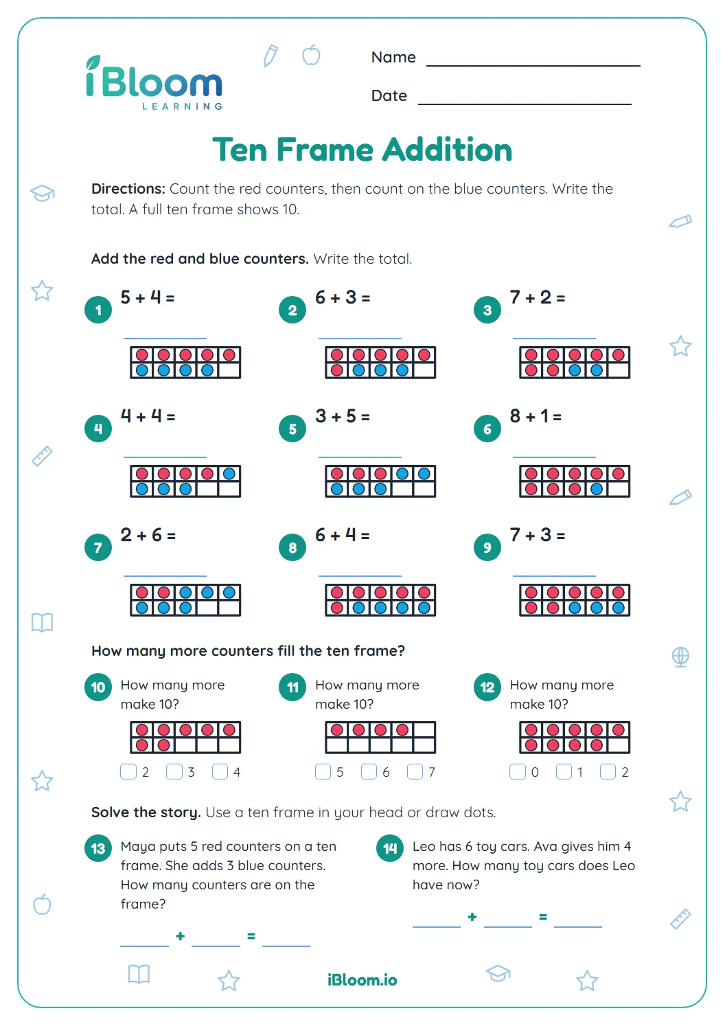 Grade 1 ten frame addition worksheet with fourteen questions using red and blue counters on ten frames.