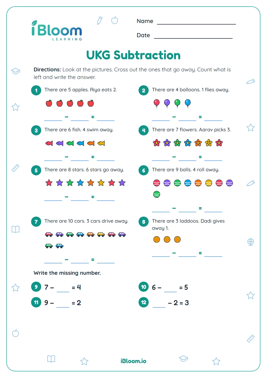 UKG subtraction worksheet with eight picture sums within 10 using apples, balloons, fish, flowers, stars, balls, cars and laddoos.