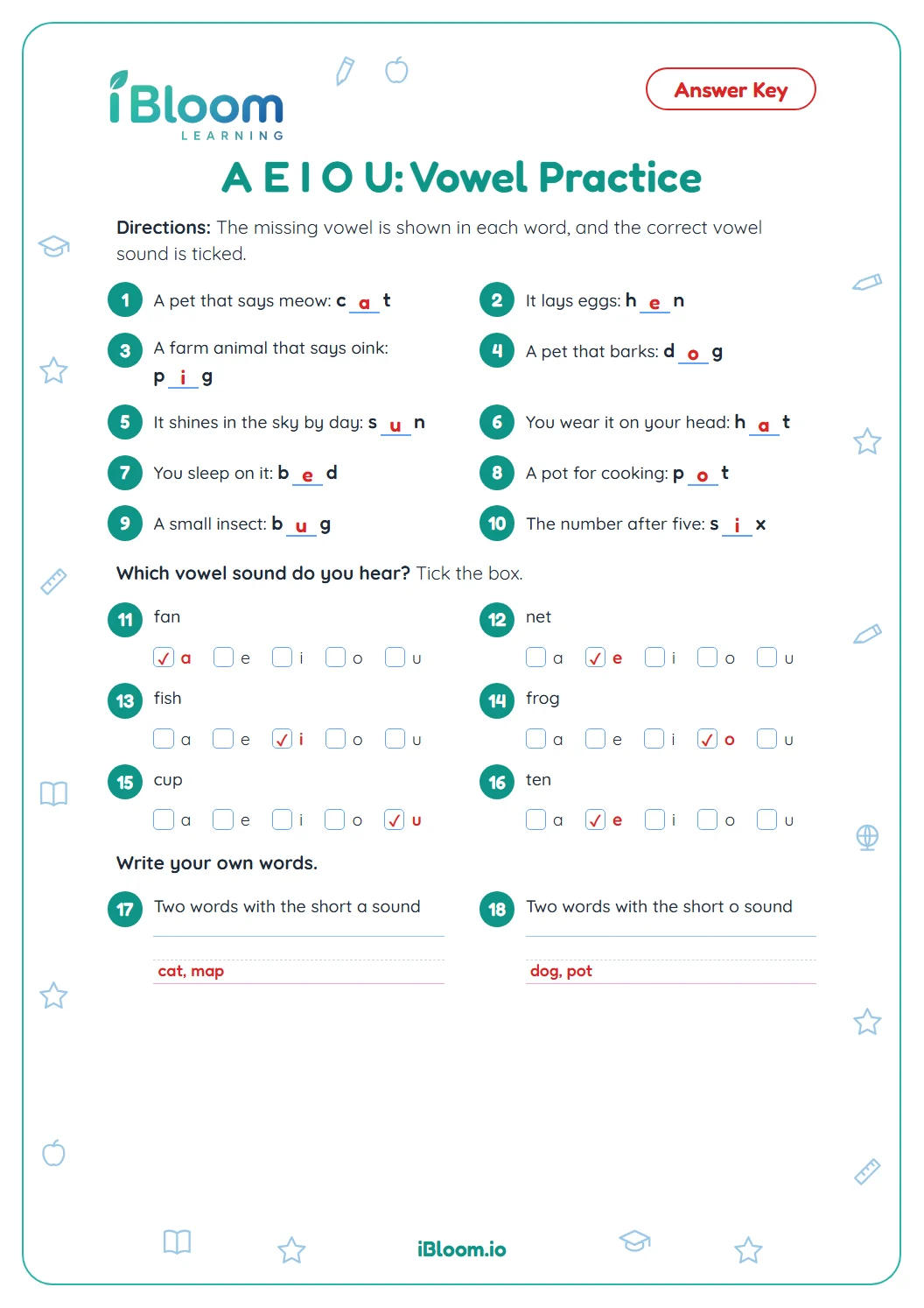 Answer key for the Class 1 A E I O U vowel worksheet with every missing vowel filled in.