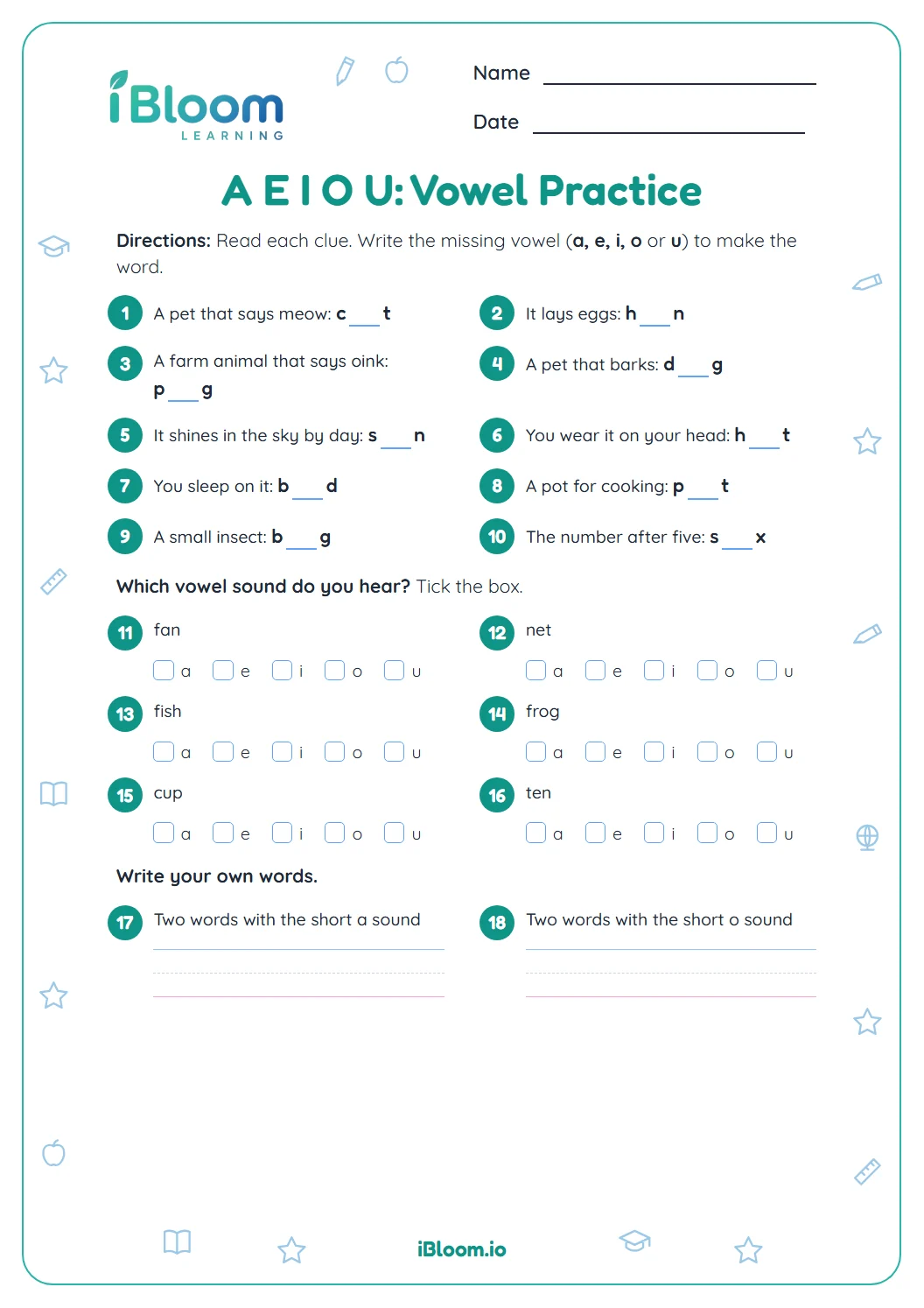 Class 1 vowel worksheet with ten missing-vowel words and six questions about short vowel sounds.