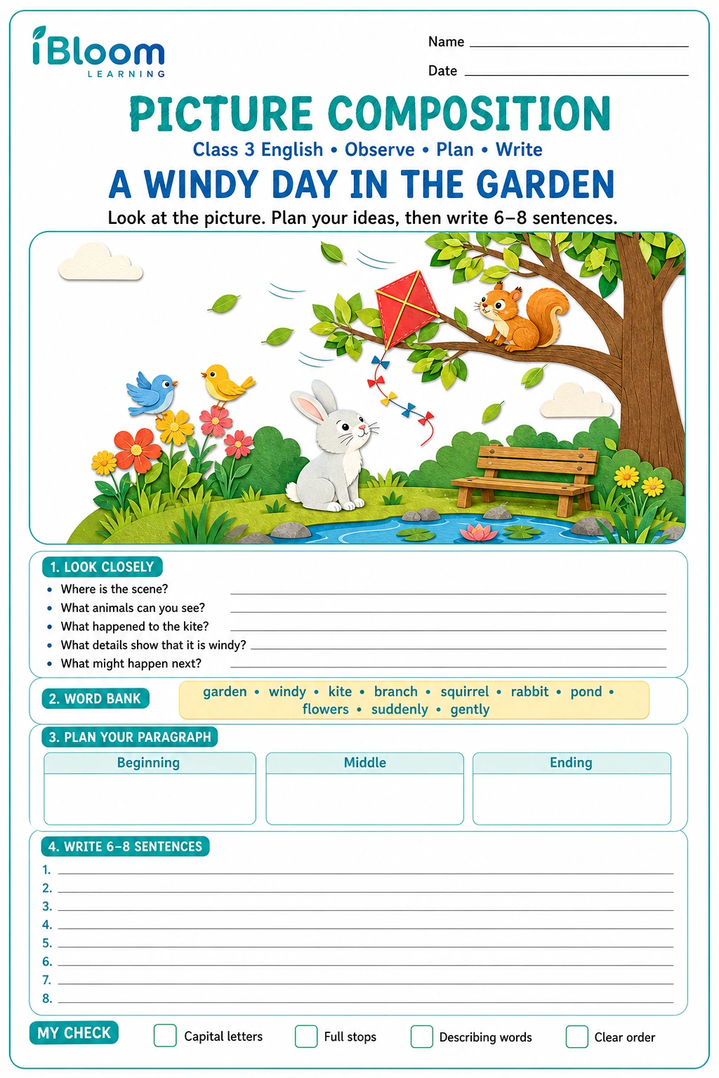 Class 3 picture composition worksheet with a windy garden scene, observation prompts, a word bank, planning boxes, and eight writing lines.
