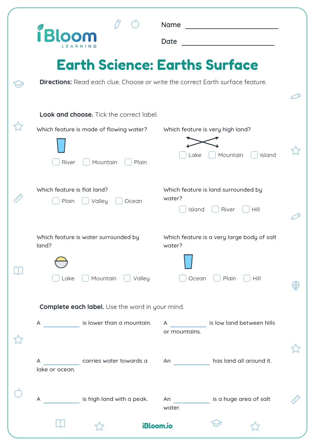 Objective Lables Earth Science: Earths Surface Picture and Label Worksheet | iBloom