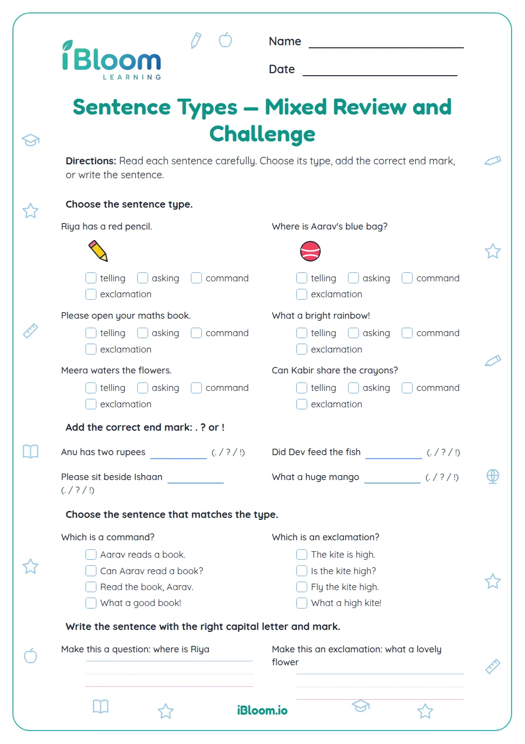 Sentences: Sentence Types Mixed Review and Challenge | iBloom