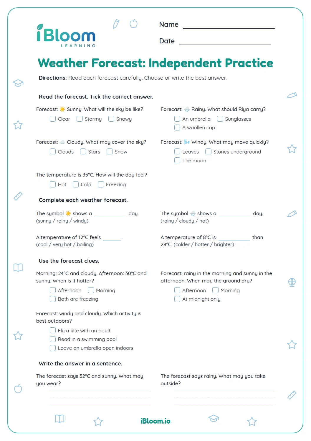 Class 3 Label Pdf Weather Climate: Weather Forecast Independent Practice | iBloom