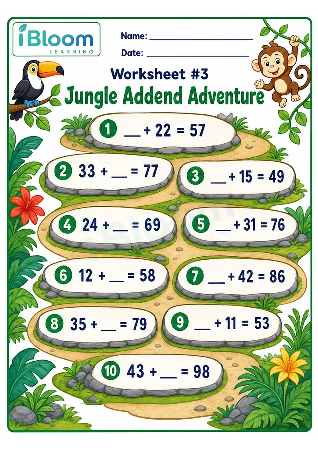 Jungle Addend Adventure printable worksheet preview