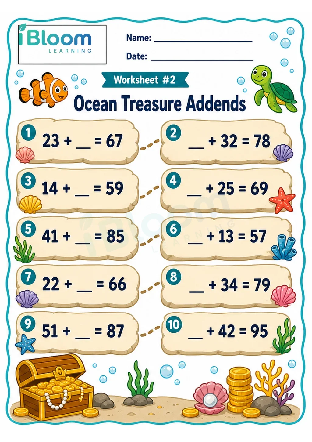 Preview of Ocean Treasure Missing Addends worksheet