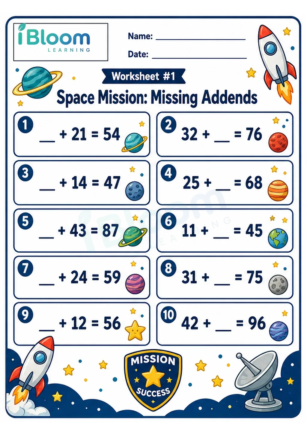 Preview of Space Mission Missing Addends worksheet
