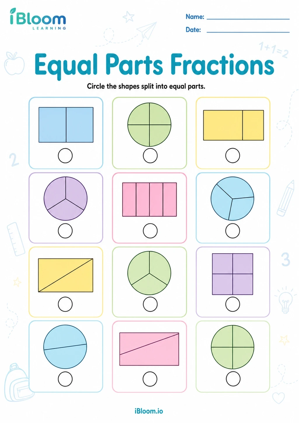 Equal Parts Fractions Class 1 mathematics worksheet preview