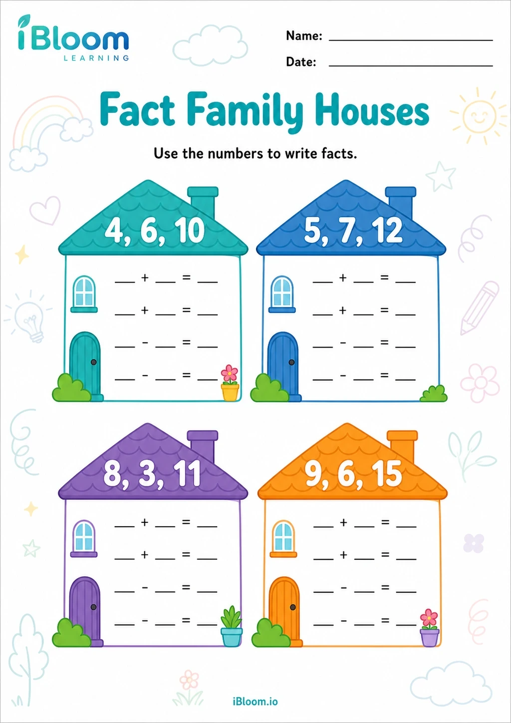 Fact Family Houses Class 1 mathematics worksheet preview