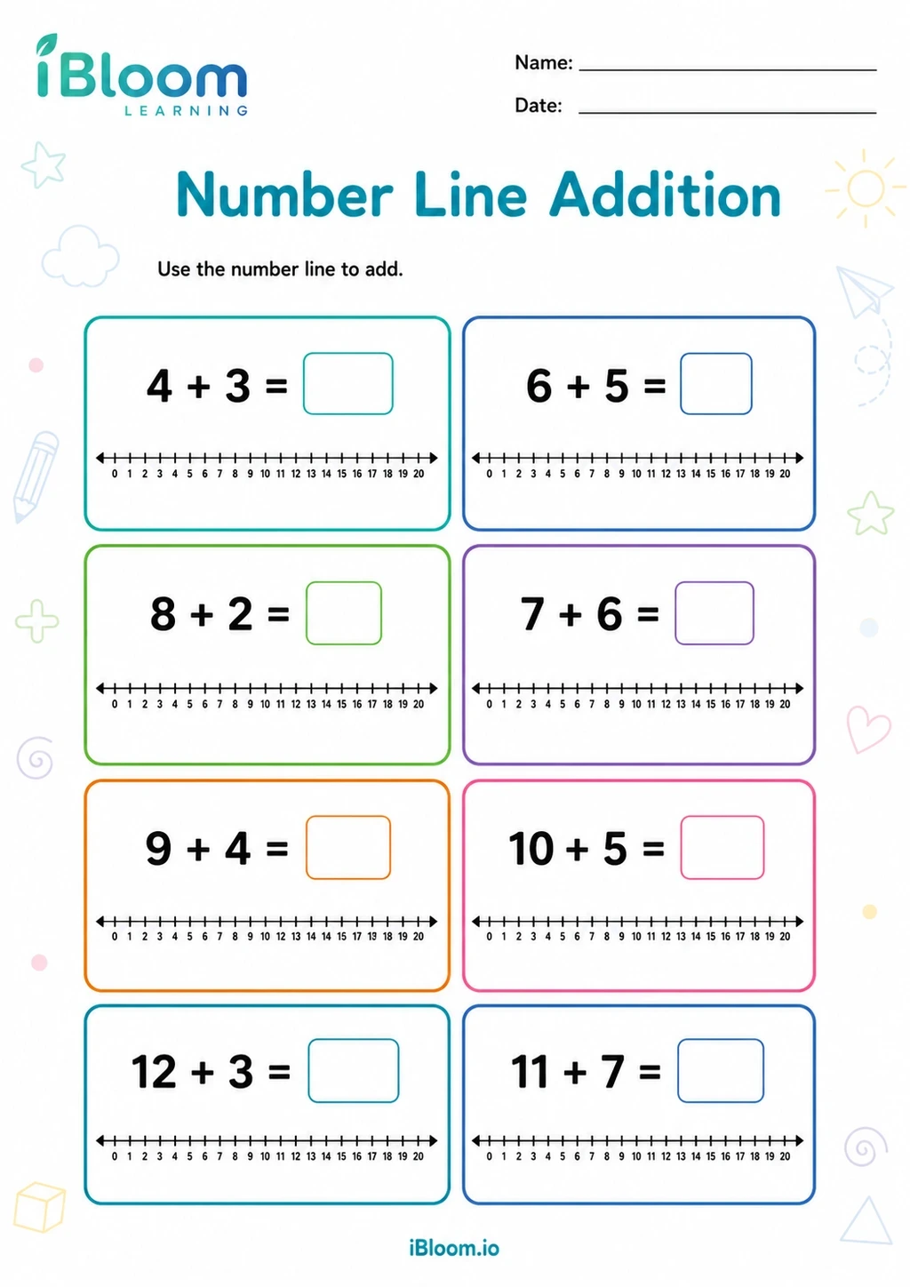 Number Line Addition Class 1 mathematics worksheet preview