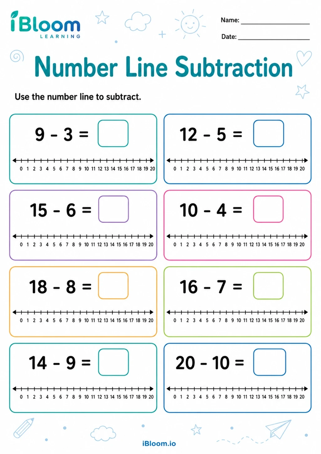 Number Line Subtraction Class 1 mathematics worksheet preview