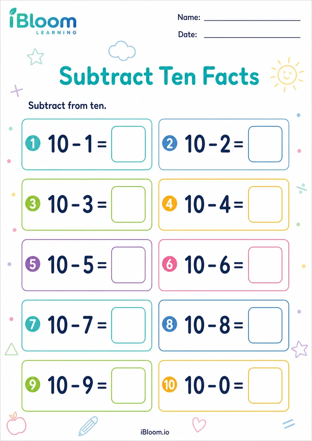 Subtract Ten Facts Class 1 mathematics worksheet preview