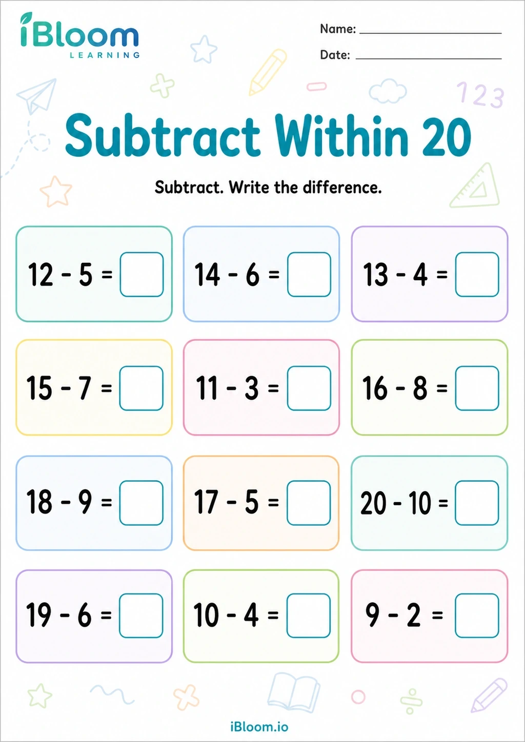 Preview page 1 of Subtract Within 20