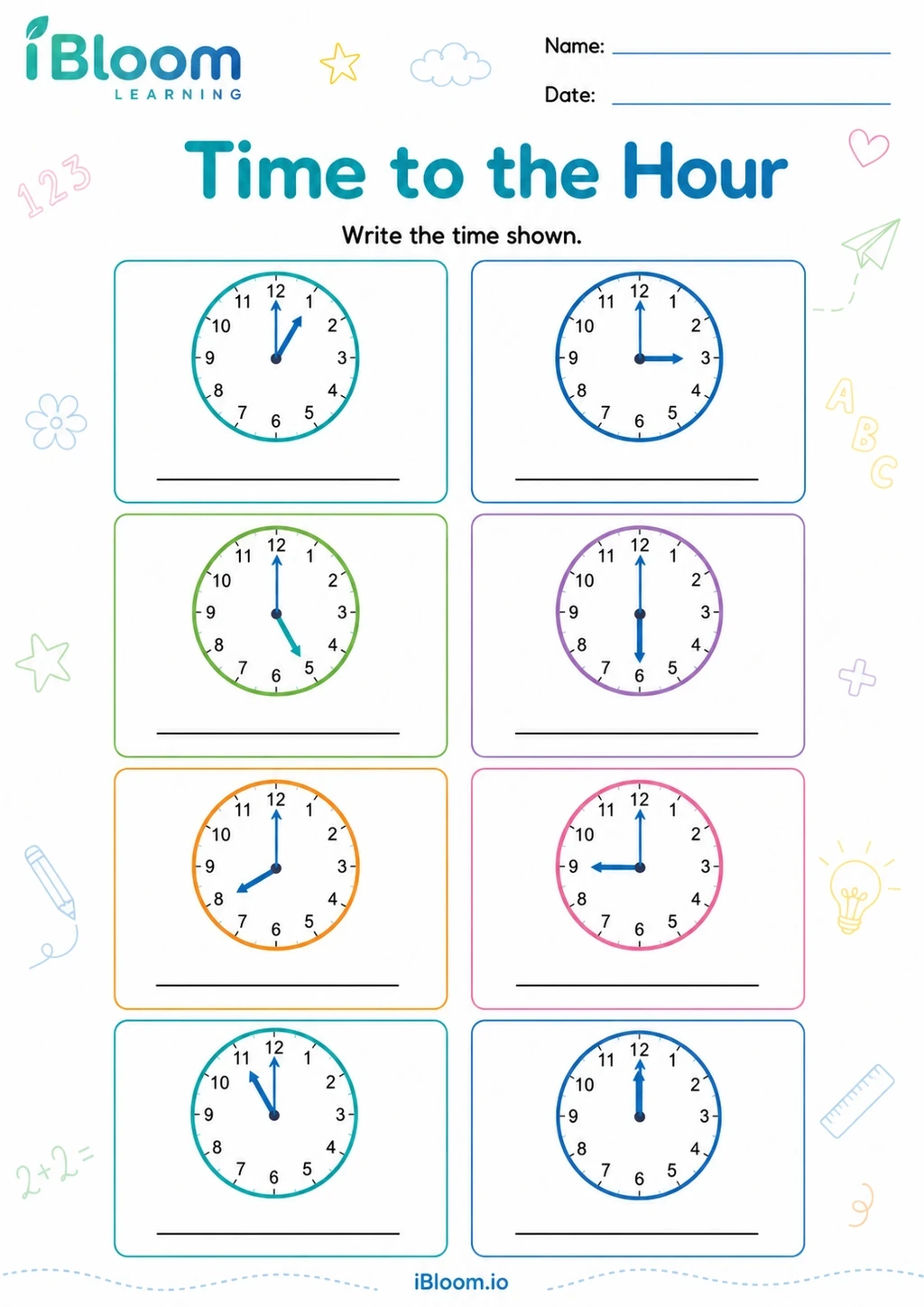Time to the Hour Class 1 mathematics worksheet preview