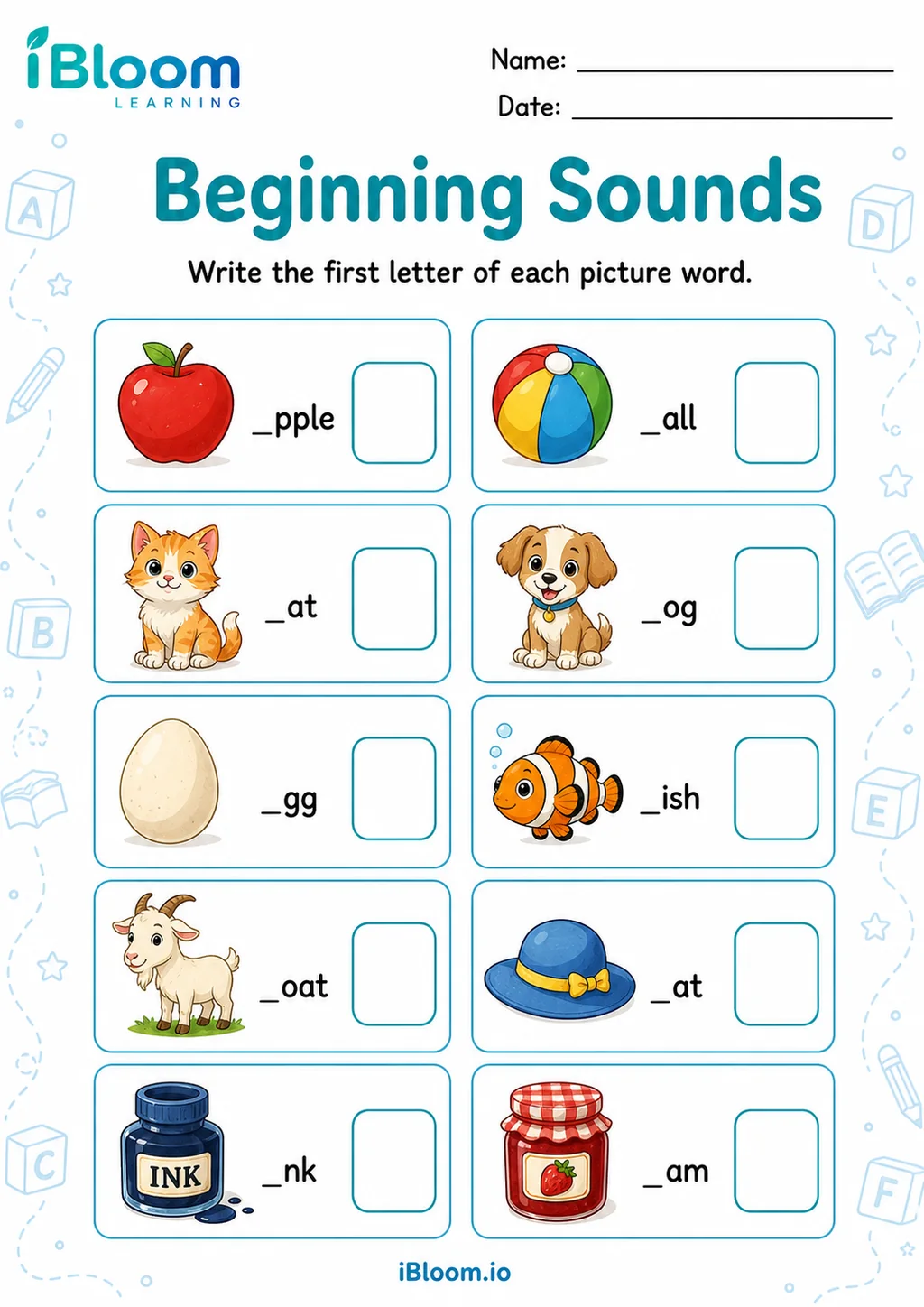Beginning Sounds printable UKG worksheet preview