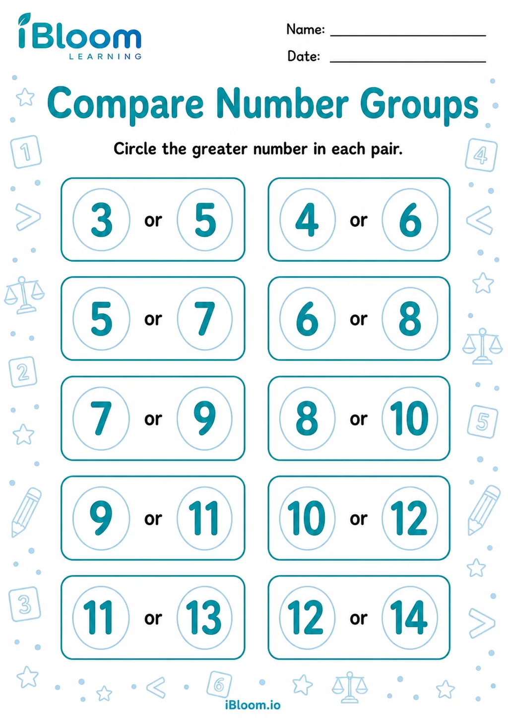 Compare Number Groups printable UKG worksheet preview