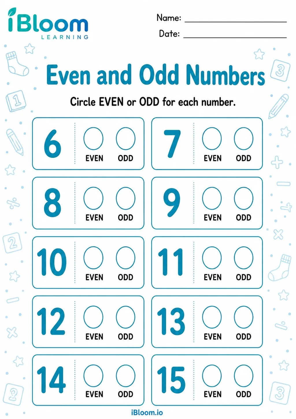 Even and Odd Numbers printable UKG worksheet preview