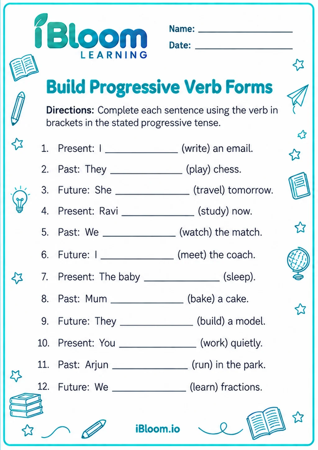 Build Progressive Verb Forms printable Class 5 progressive tense worksheet preview