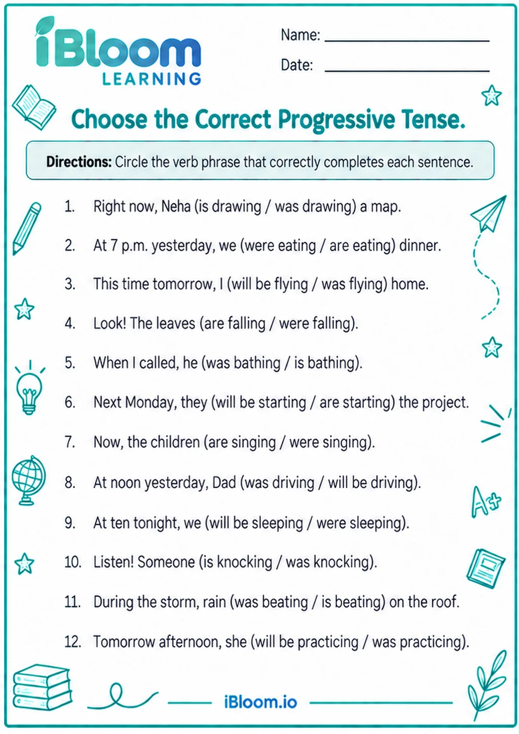 Choose the Correct Progressive Tense printable Class 5 progressive tense worksheet preview