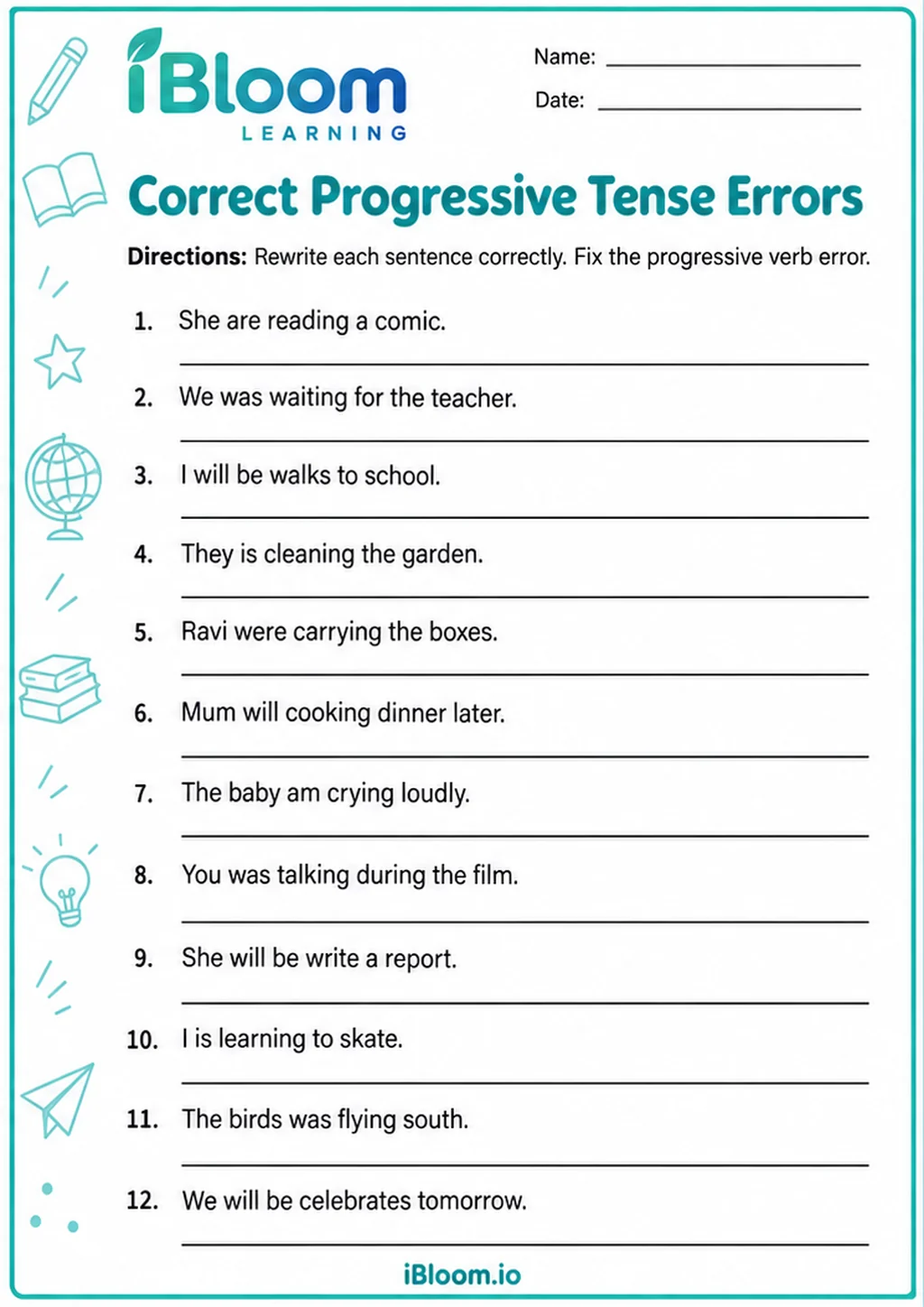 Preview of Correct Progressive Tense Errors worksheet