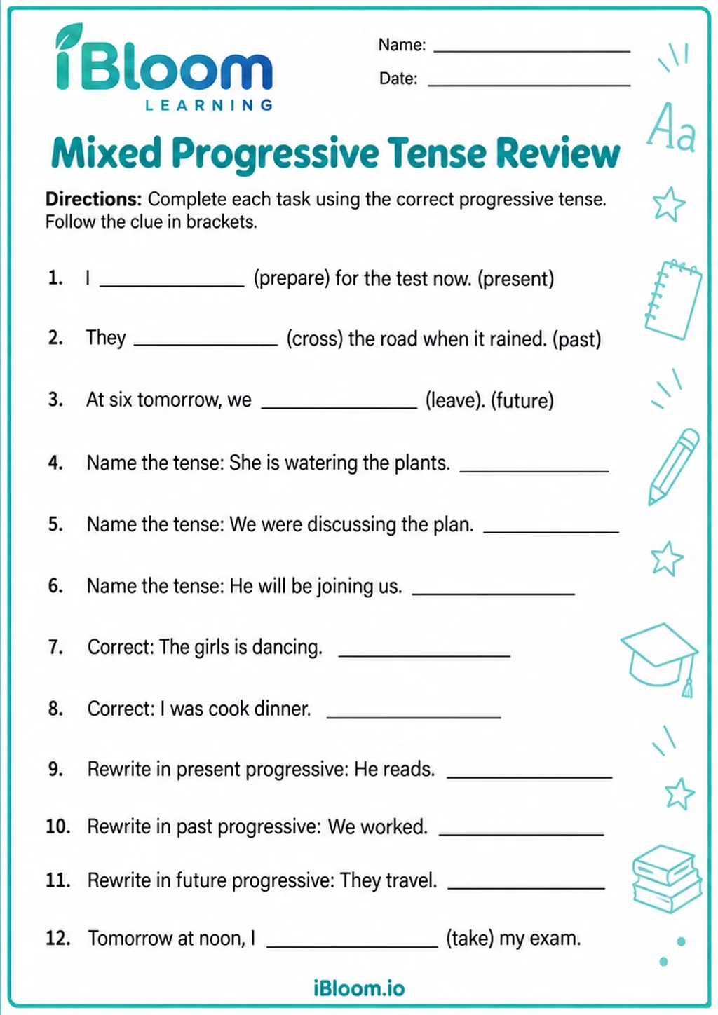 Preview of Mixed Progressive Tense Review worksheet