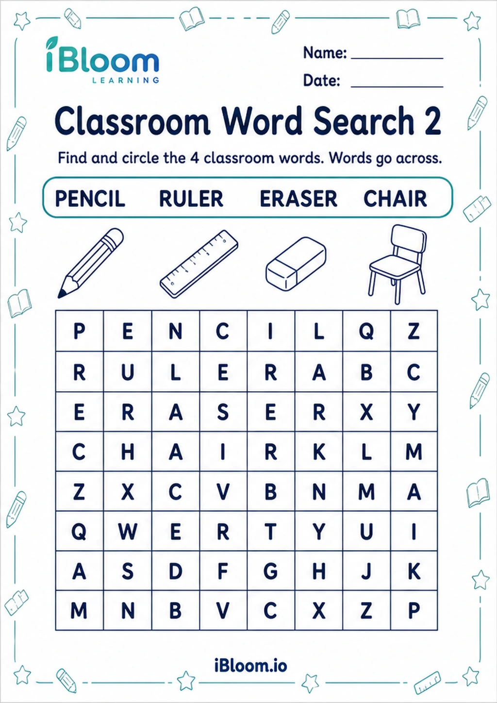 Class 1 classroom tools word search with pencil ruler eraser and chair