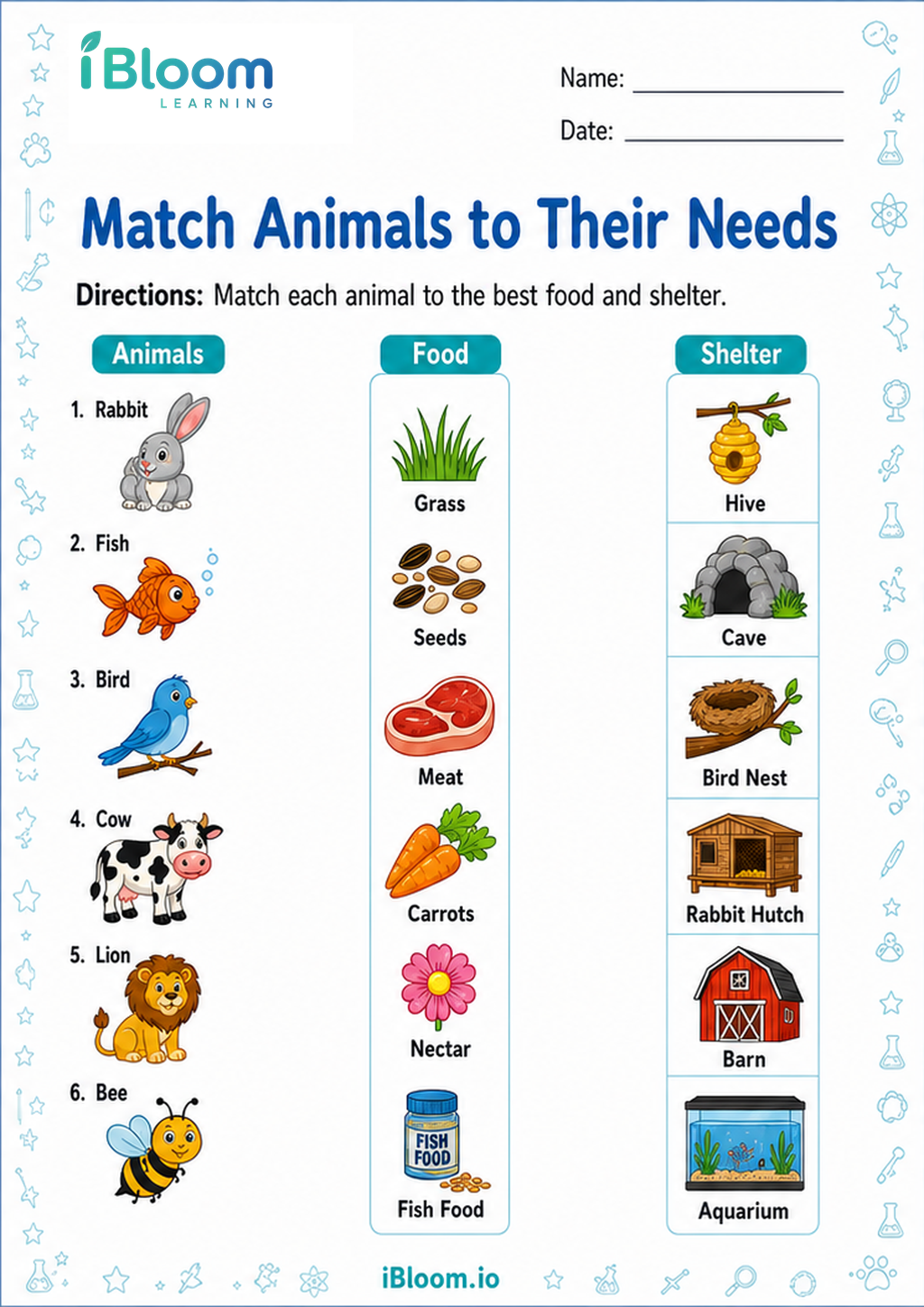 Match Animals to Their Needs printable Class 2 worksheet