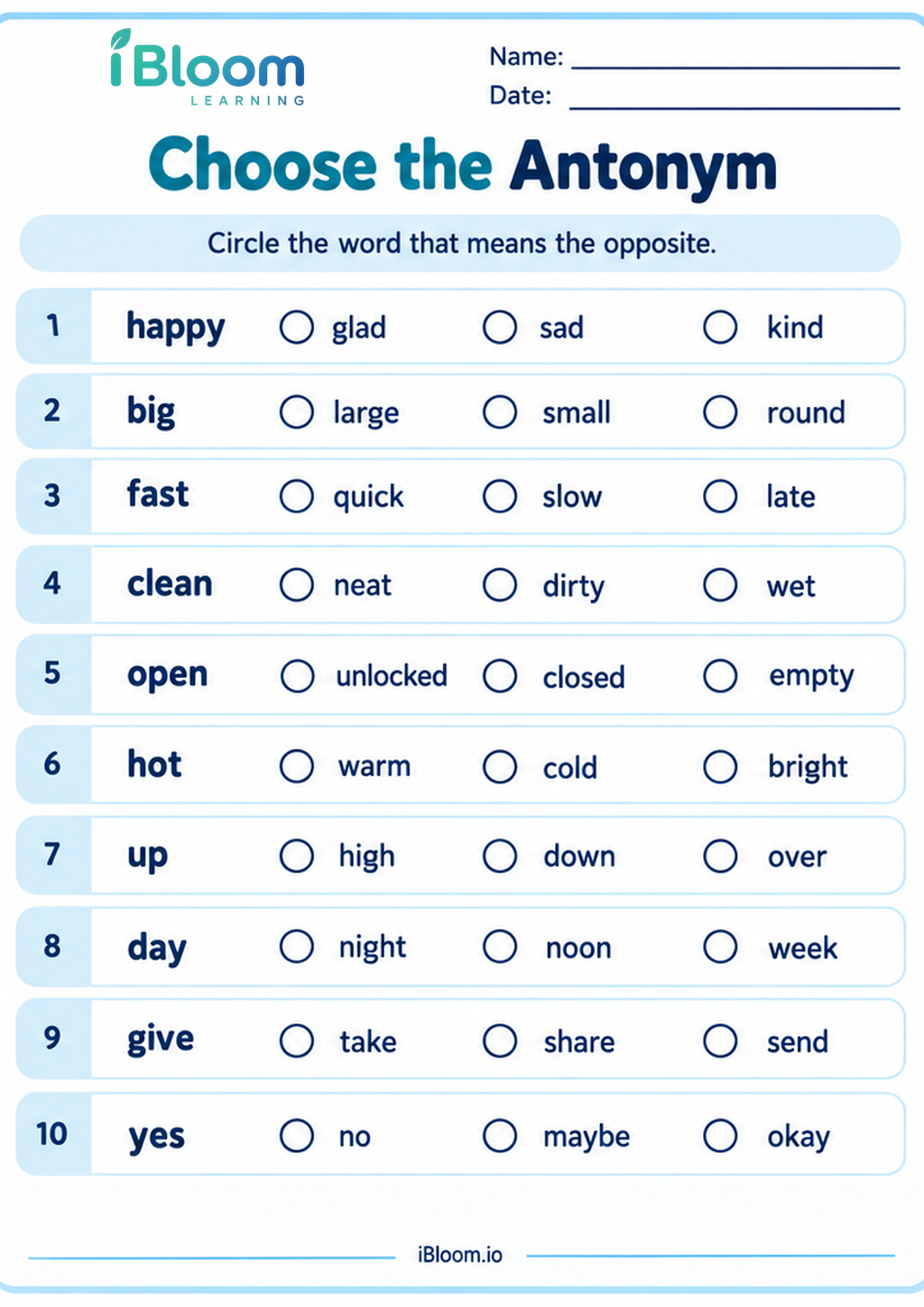 Preview of Choose the Antonym worksheet