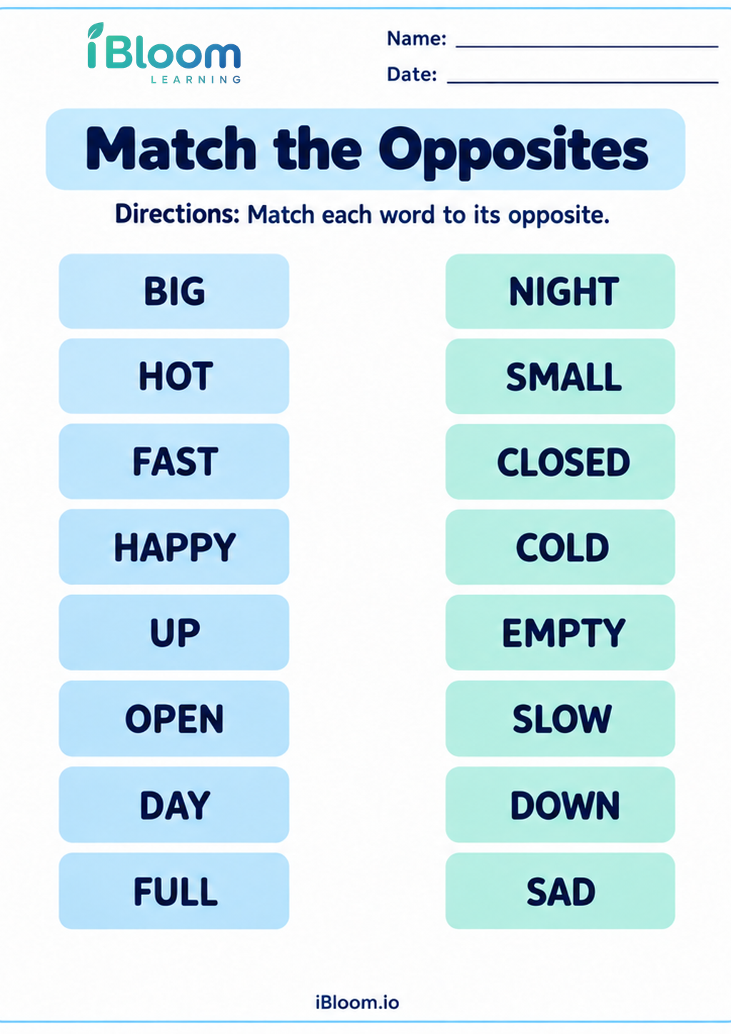 Preview of Match the Opposites worksheet