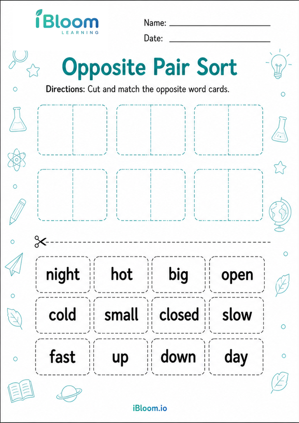 Opposite Pair Sort printable Class 1 worksheet